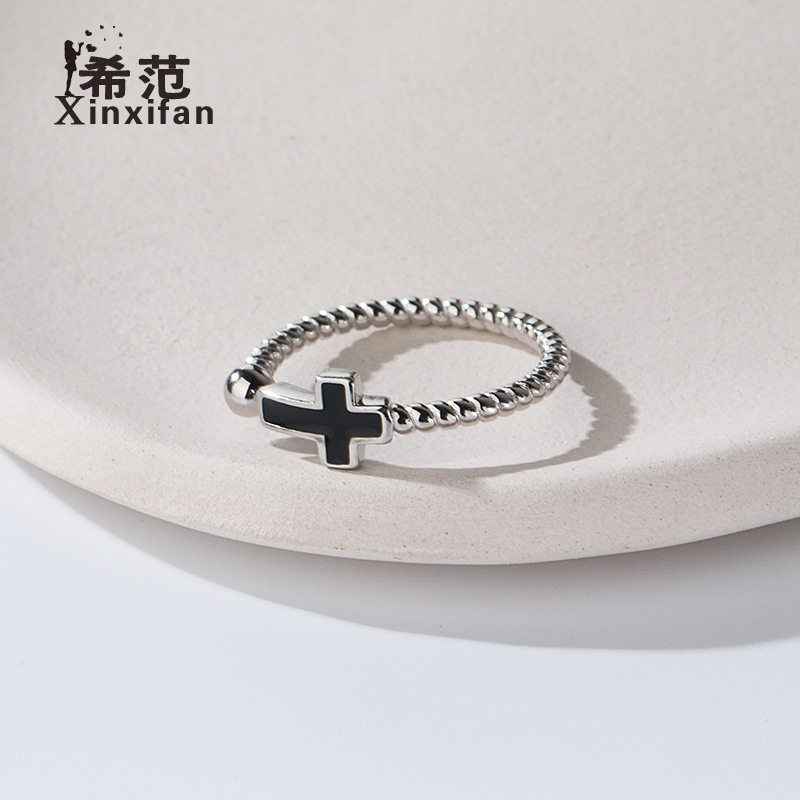 s925纯银黑色十字架戒指韩版东大门个性麻花开口指环穿搭手饰工厂