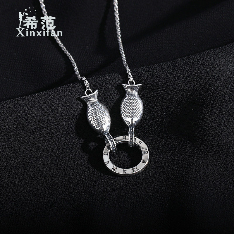 s925纯银复古六字真言个性吊坠男女气质双鱼项链套链时尚配饰银饰