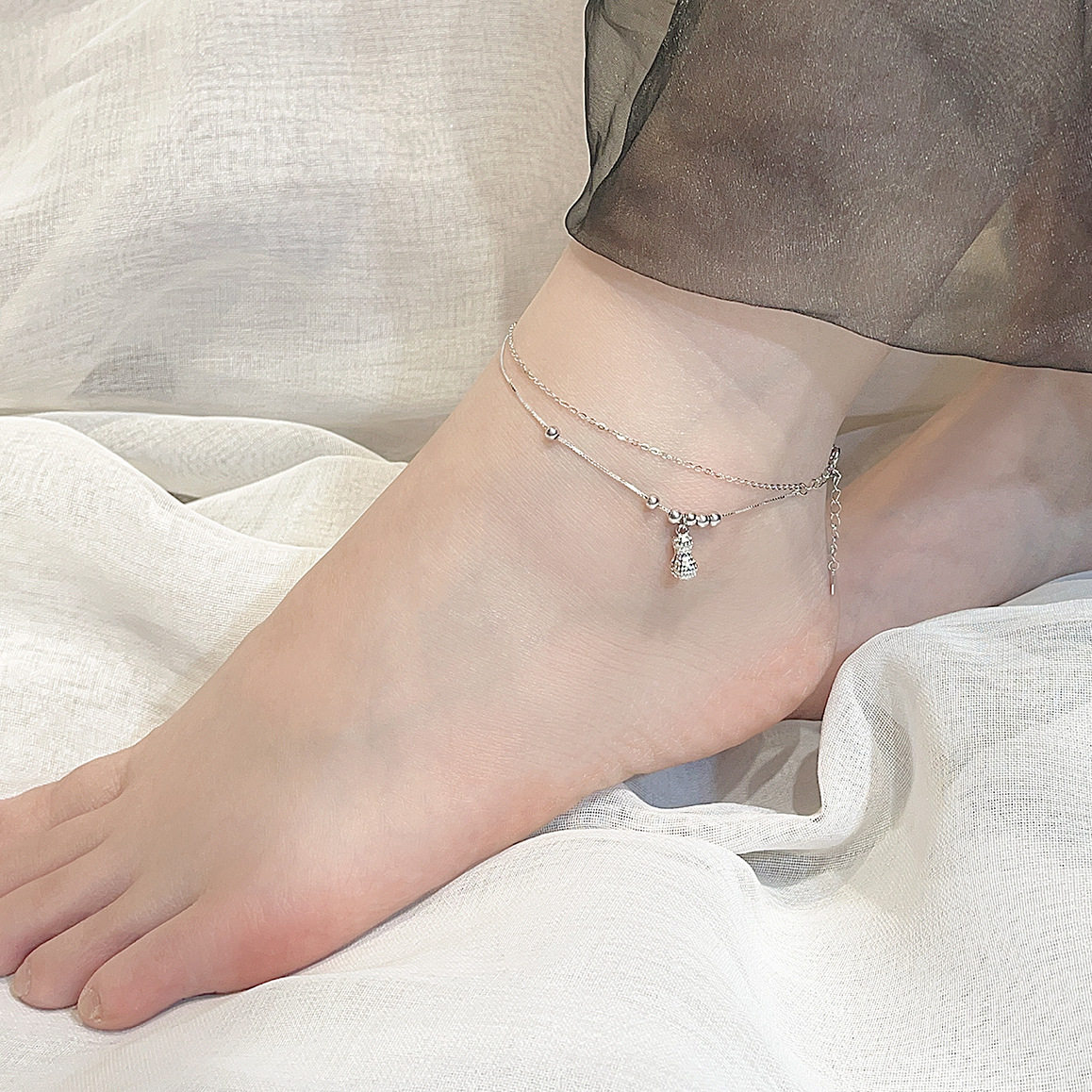 日韩版精细s925纯银花生脚链双层链子珍珠脚饰夏季新款好事花生