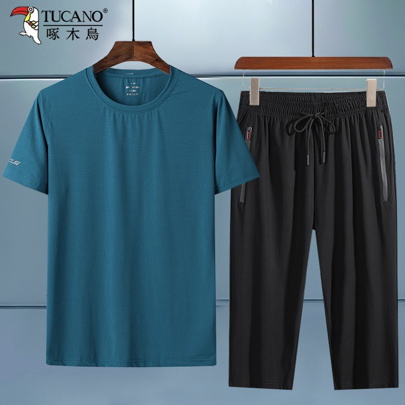 啄木鸟爸爸夏装套装夏季男士冰丝速干中老年人父亲短袖休闲运动服