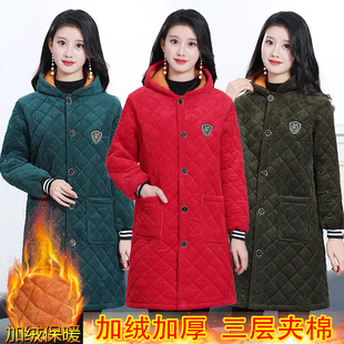 保暖冬季灯芯绒罩衣外套棉衣加绒加厚时尚大码工作服女装棉袄长款