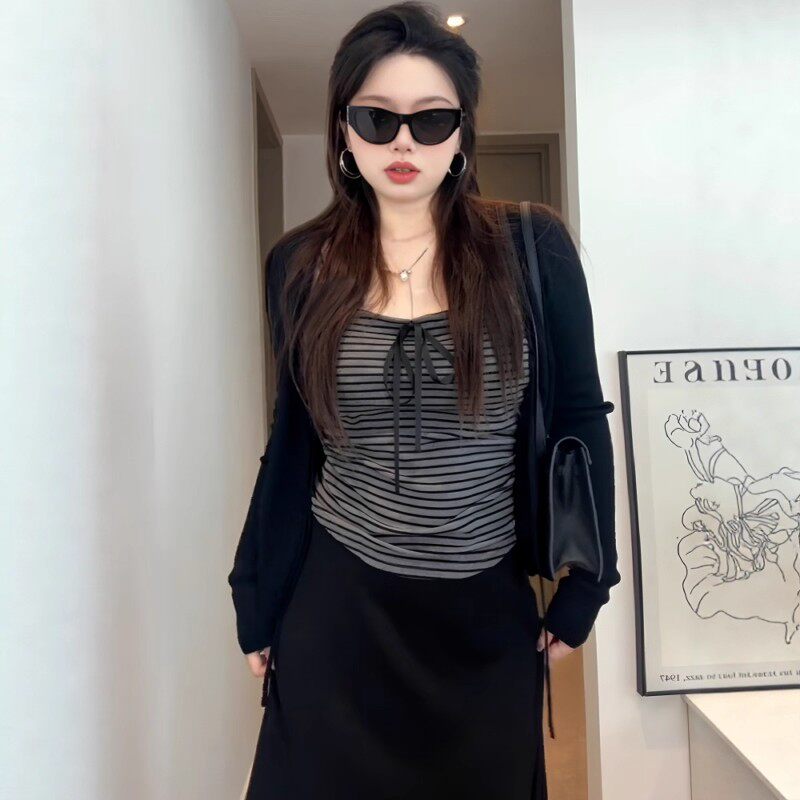大码胖MM巨好看韩系穿搭条纹吊带开衫高腰半身裙2025早秋新款套装