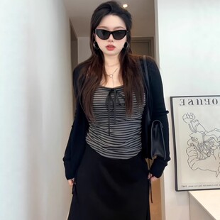 套装 高腰半身裙2025早秋新款 胖MM巨好看韩系穿搭条纹吊带开衫 大码