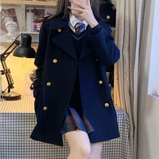 秋冬季日系学院风校供感毛呢外套女jk制服双排扣百搭通勤呢子大衣
