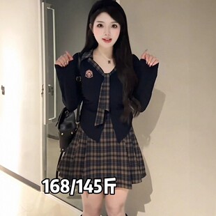 韩系学院风JK百褶短裙两件套大码胖mm显瘦美式甜酷辣妹套装女春秋