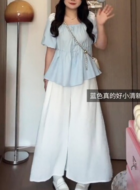 大码女装胖mm设计感方领梨型身材遮肚子显瘦白色山本裤裙裤子套装