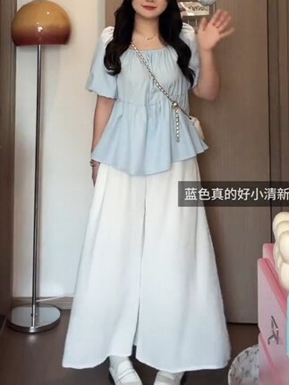 大码女装胖mm设计感方领梨型身材遮肚子显瘦白色山本裤裙裤子套装