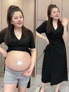 显瘦短袖 夏季 连衣裙黑色胖mm收腰藏肉V领开叉长裙子 女装 大码