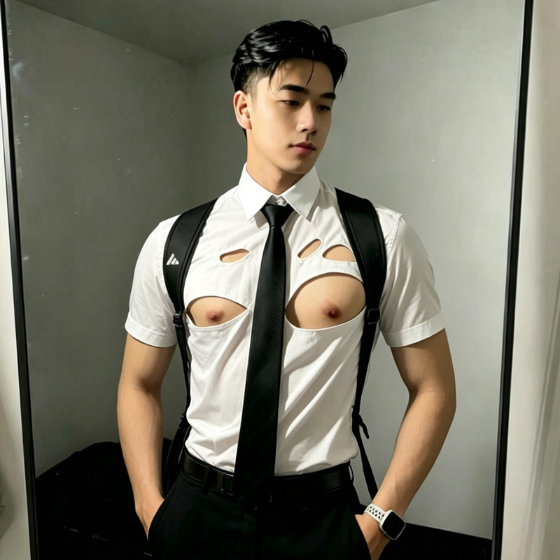 性感露胸设计白色衬衣男正装领带款短款修身夜店穿搭小众破洞上衣