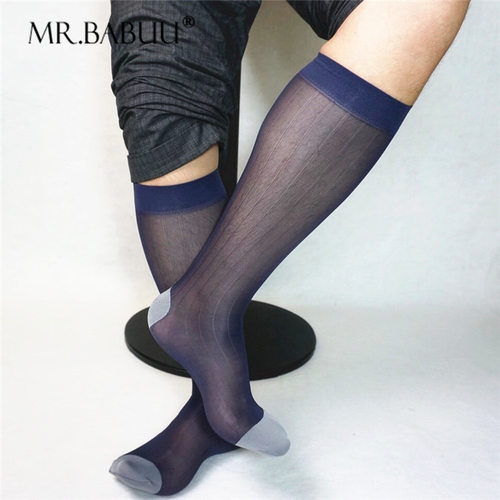 Mr.babuu薄透中长筒条纹带跟蓝脚趾欧美商务正装外贸男士TNT丝袜