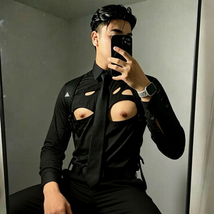 ins风男士破洞露胸衬衫感性感镂空长袖上衣翻领个性潮流