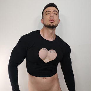 男士长袖性感露背运动上衣瑜伽服带胸垫小众短款速干普拉提T恤运