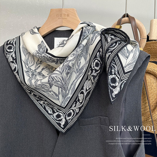 中古feel ！真丝羊毛丝巾女春秋季黑白百搭清清幽兰围巾装饰领巾