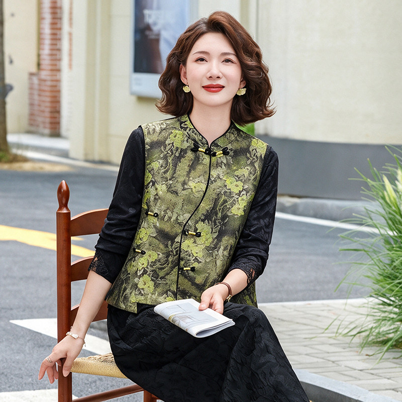 春秋新中式立领盘扣马甲三件套