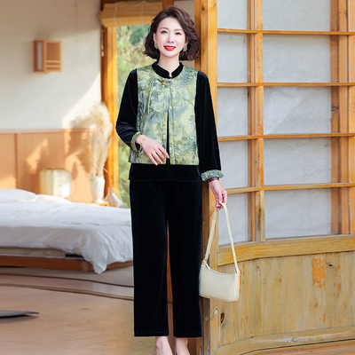 金丝绒春装时尚套装妈妈长袖中国