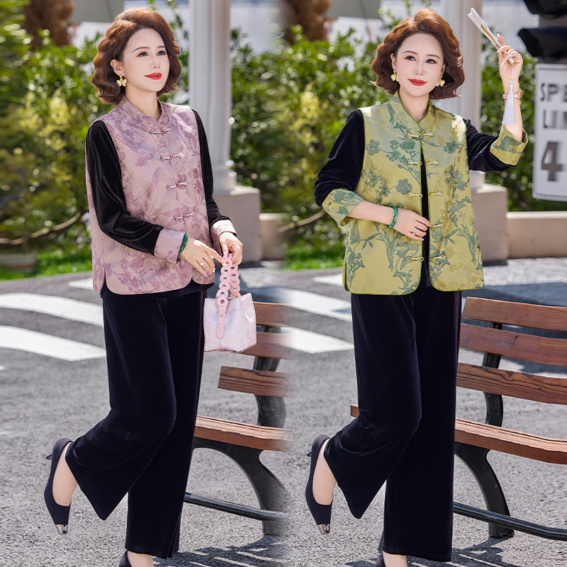 春季妈妈新中式盘扣马甲三件套