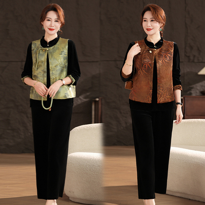 妈妈春装新款新中式金丝绒套装
