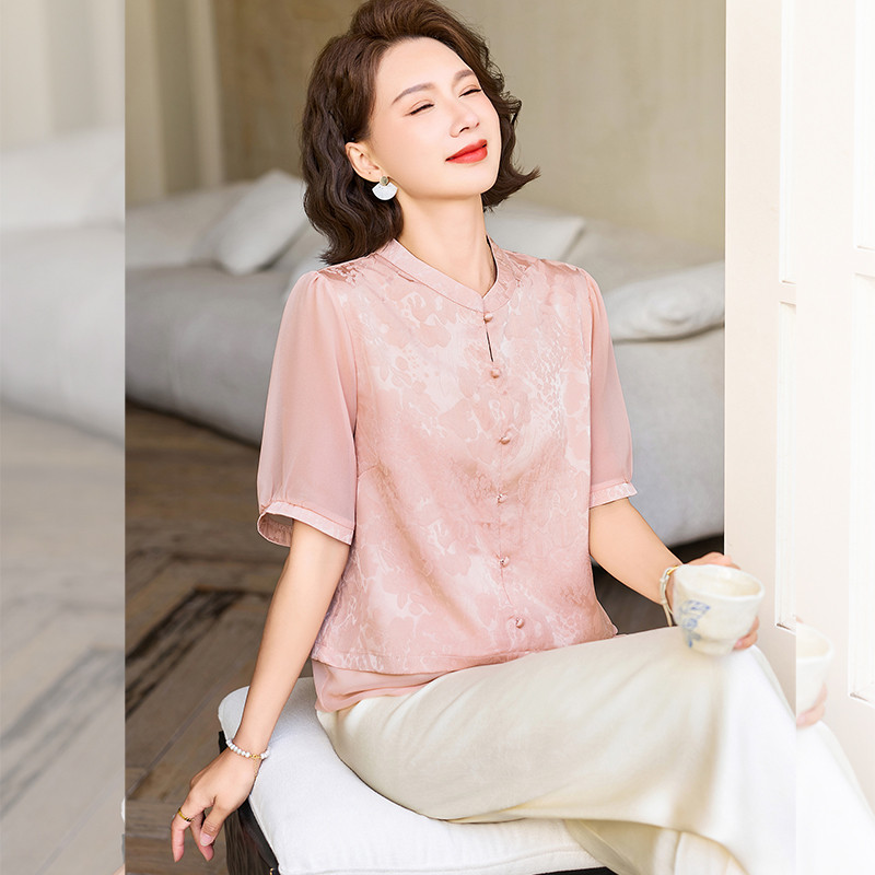 新中式妈妈装立领短袖透气衬衫