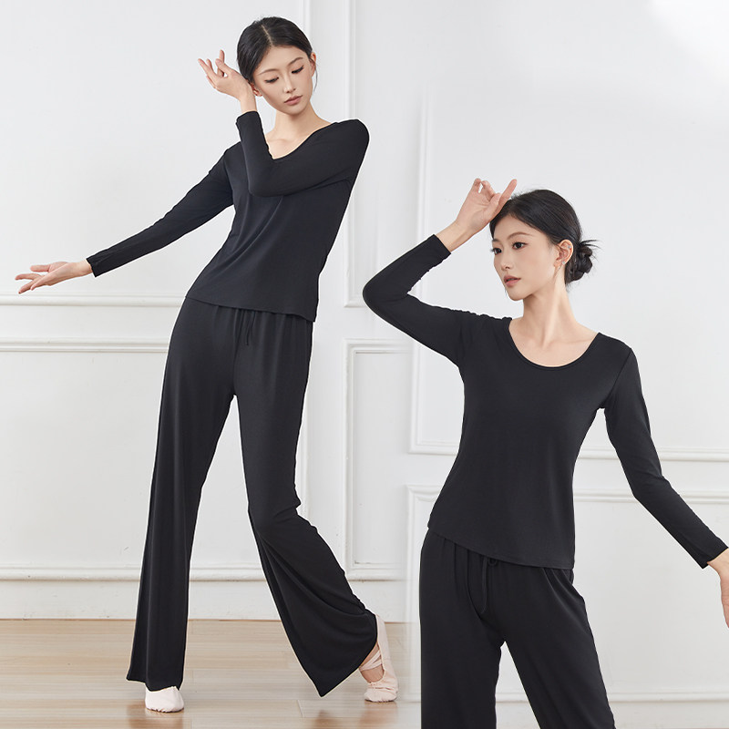 黑色舞蹈上衣女款新款现代舞练功服V领舞蹈阔腿裤显瘦形体训练服
