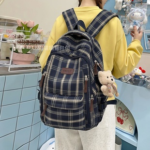 高中生书包初中生女大容量结实耐用耐脏电脑背包男双肩包复古格子