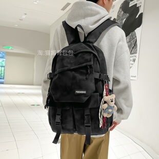 高中生书包男生初中生大容量黑色尼龙双肩包女旅游背包大学生上课
