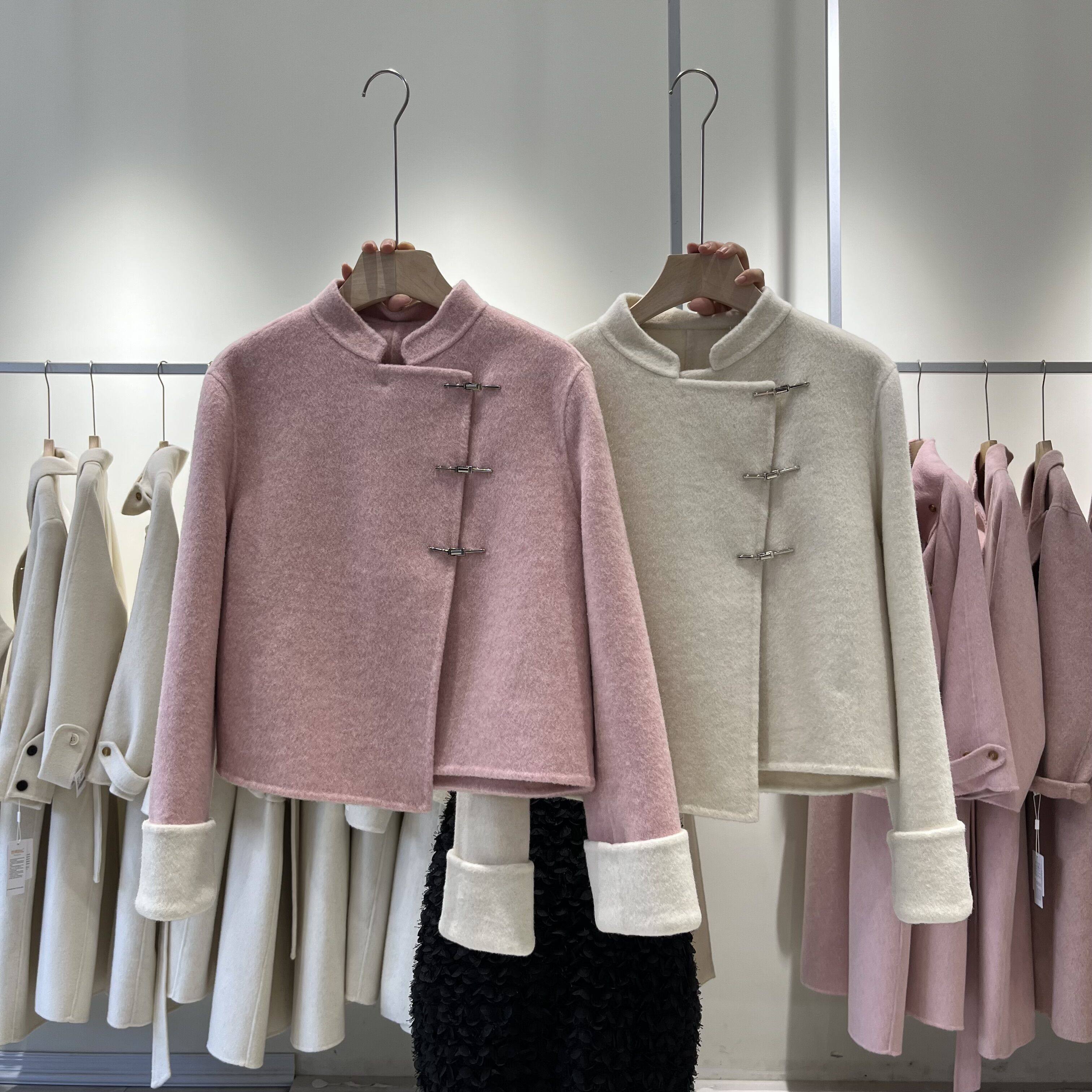 2023秋季新款短款双面羊绒大衣女中式国风小个子立领香风毛呢外套