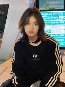 DGCR WASSUP国潮三条杠圆领卫衣女2023新爆款美式宽松上衣打底衫