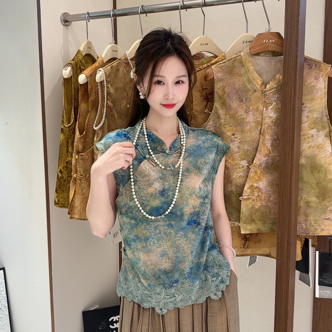 小香风蕾丝拼接国风晕染收腰显瘦女百搭日常新中式国风小衫60270