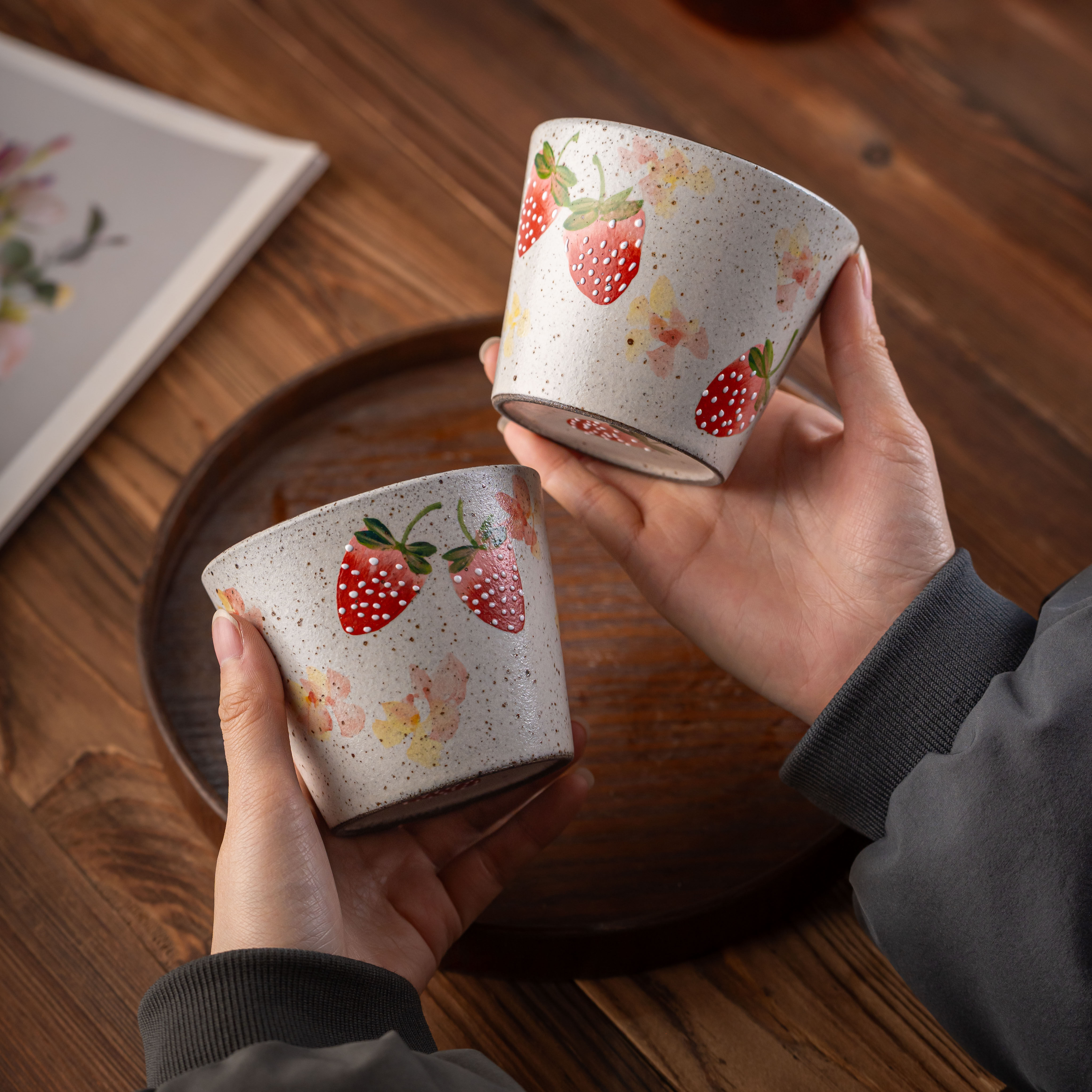 景德镇复古手作粗陶猪口杯咖啡杯草莓咖啡杯大口径300ml拉花神器