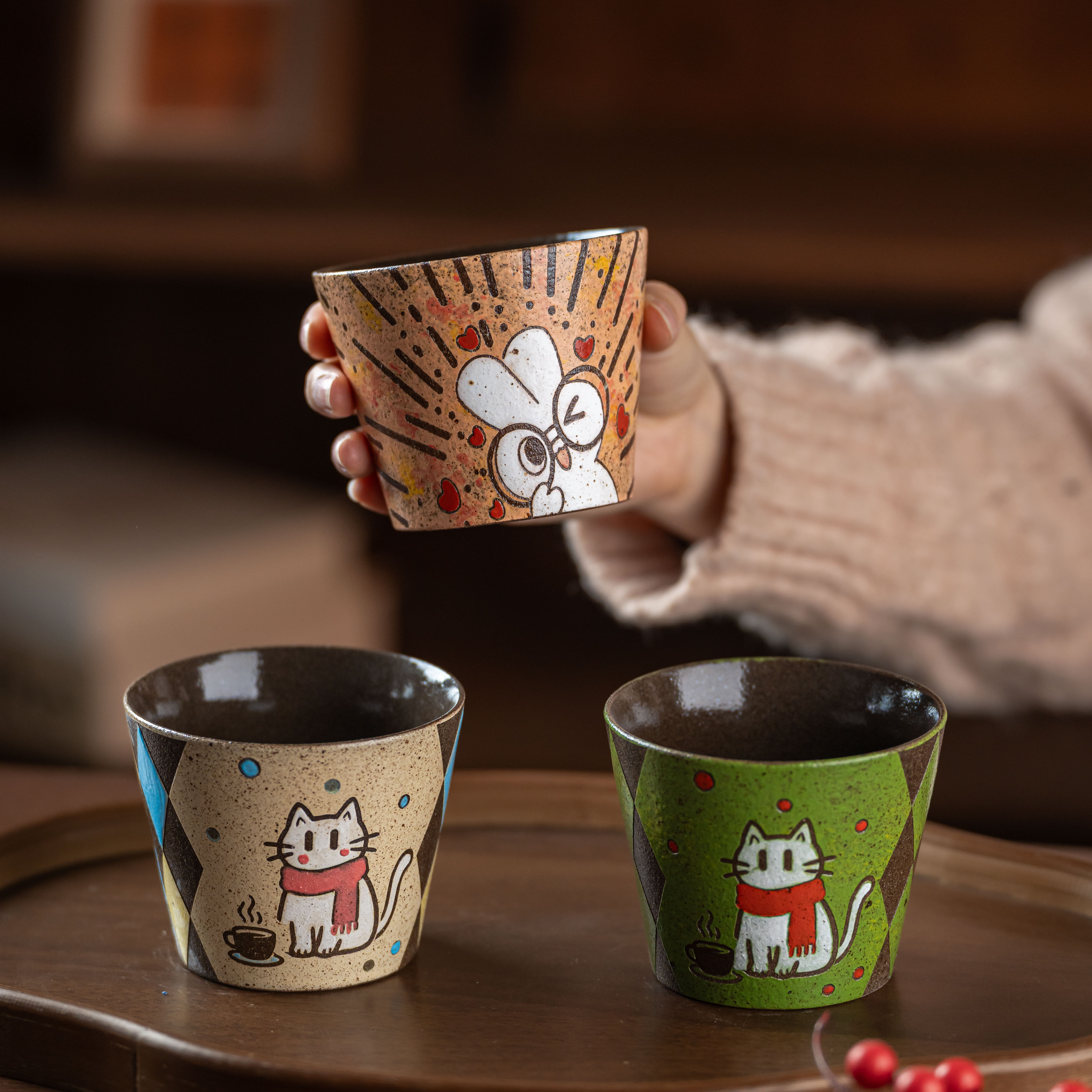 景德镇复古手作马克杯粗陶蛋形杯釉下彩手握杯拿铁咖啡杯拉花茶杯