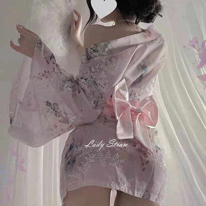 私房纯欲薄日式和服性感透视三点式情趣家居服雪纺睡裙女开襟浴袍