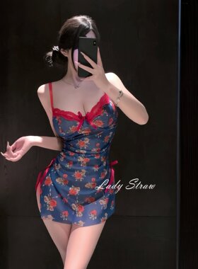 藏蓝碎花深V显瘦蕾丝睡裙