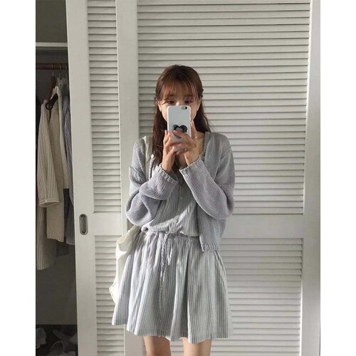 现～韩国代购正品新howus棉麻镂空针织长袖开衫+条纹吊带连衣裙女