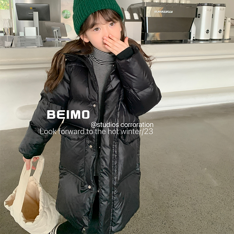 儿童羽绒服中长款黑色金面包服外