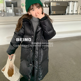 儿童羽绒服中长款2024黑色金90白鸭绒男童女童加厚连帽面包服外套