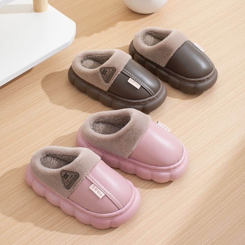 防水儿童棉拖鞋秋冬季男童女孩厚底防滑室内加绒保暖PU皮包跟棉鞋