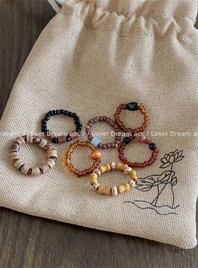 新中式国潮竹节木头米珠串珠戒指 气质百搭均码弹力戒圈时尚手饰