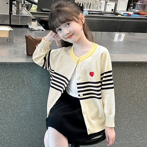 女童针织开衫毛衣条纹外搭春秋