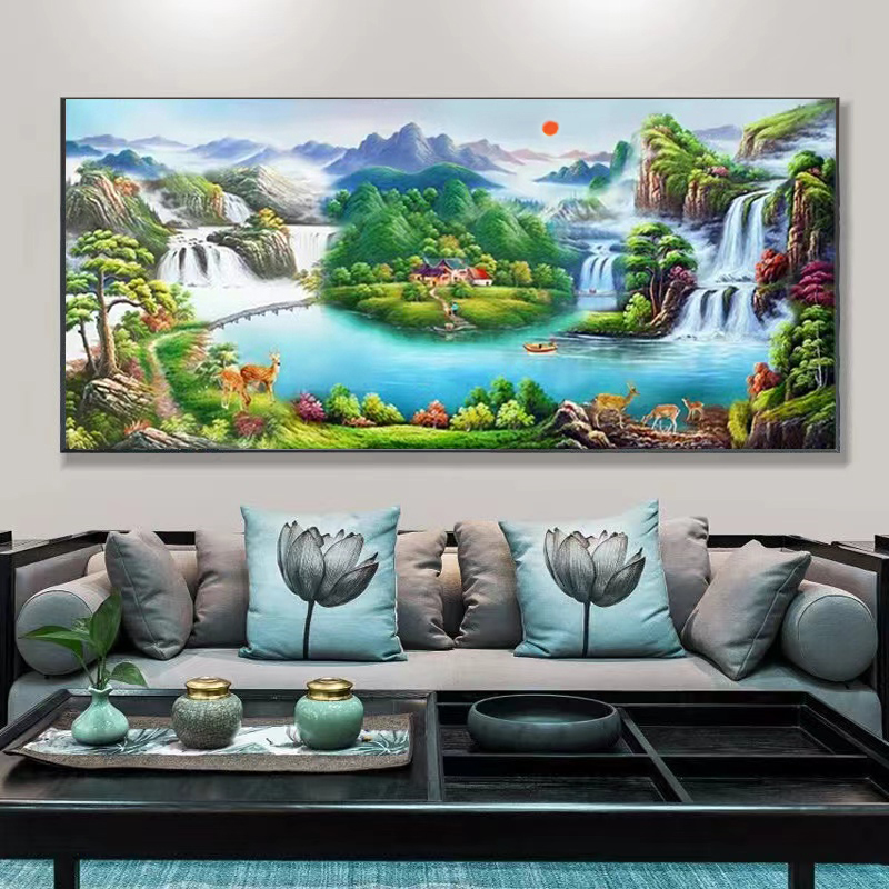 流水生财砖石画客厅招财山水点钻