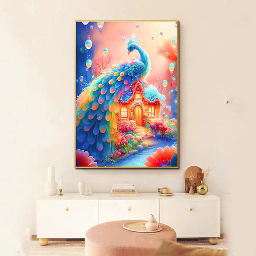 花开富孔雀砖石画客厅现代装饰画