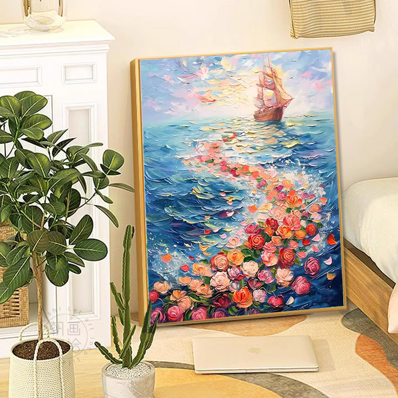 一帆风顺砖石画蓝色大海风景满钻十字绣2025新款客厅玫瑰花点钻画