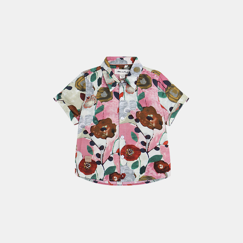 MIMY2025春夏新款男女童花衬衫翻领夏威夷沙滩度假短袖儿童薄衬衫