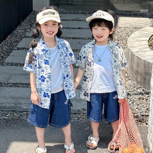 2025MIMY新款港风百搭花衬衫上衣沙滩复古海边度假小中大童薄外套