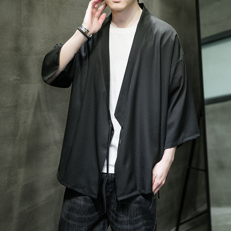 夏季中国风汉服外套男棉麻七分袖大码宽松国潮唐装道袍风衣防嗮服