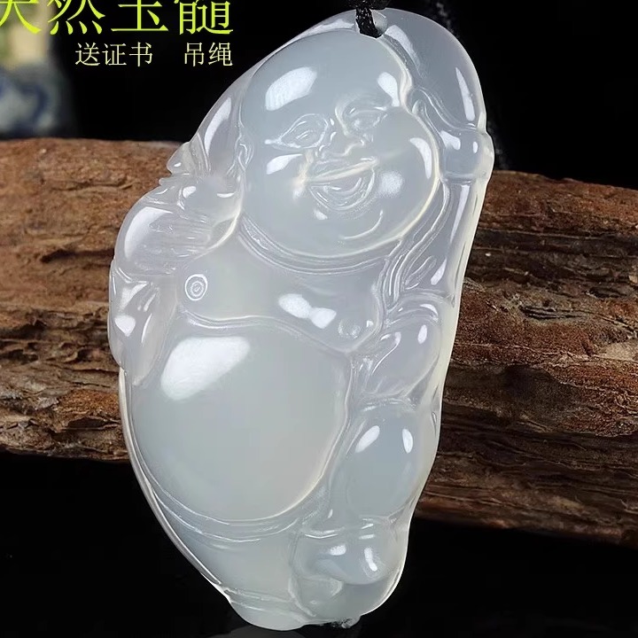 天然真冰种玉髓佛公吊坠玛瑙弥勒佛歪头佛挂件玉石玉器保平安时尚