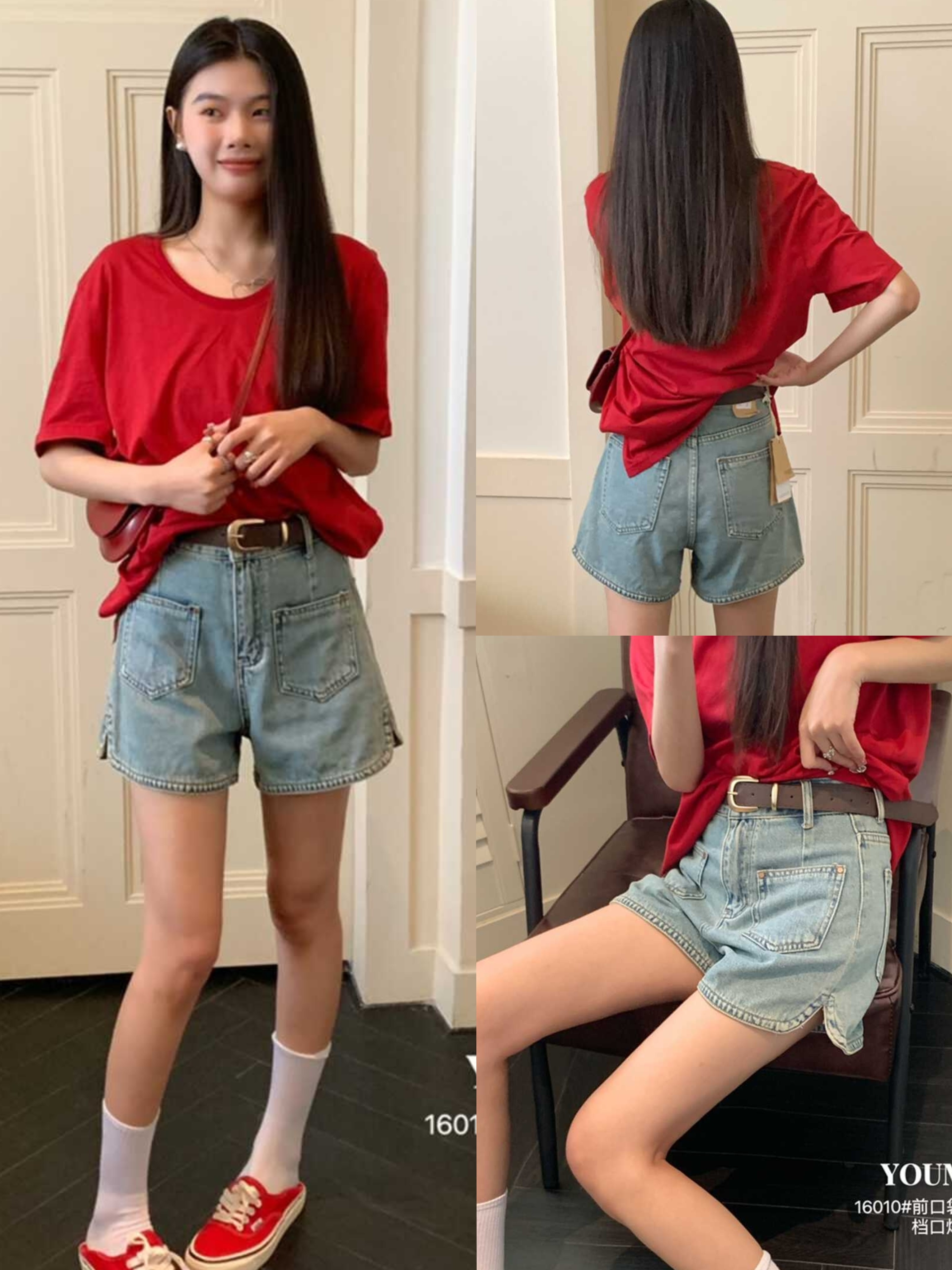 素心兰YOUMO有陌秋季新款高腰显瘦牛仔短裤女宽松休闲阔腿热裤子