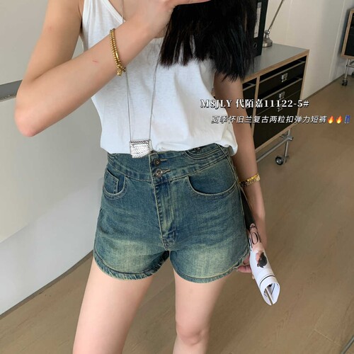 M8代陌嘉春夏新款怀旧蓝复古两粒扣弹力短裤女高腰显瘦牛仔短裤潮