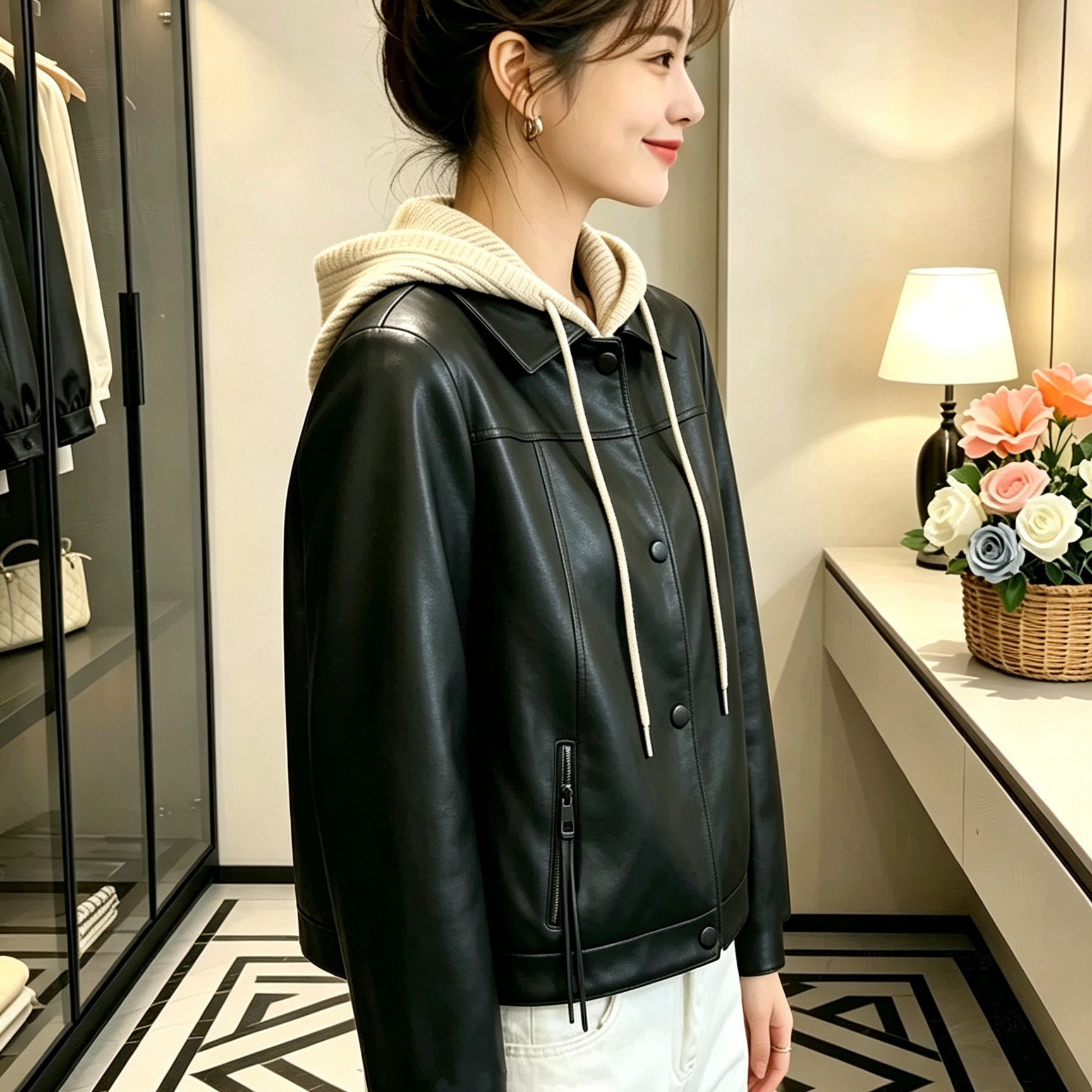 女士秋冬连帽可拆卸毛领皮衣外套