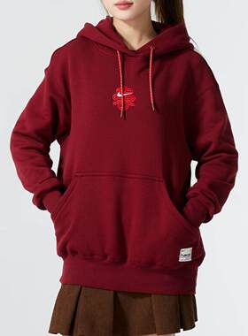 耐克蛇年新年款红色卫衣女装春季CNY休闲连帽套头衫HV8461-677
