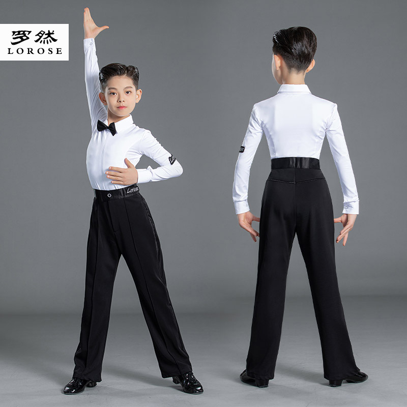 羅然兒童專業(yè)拉丁舞比賽服男款標(biāo)準(zhǔn)規(guī)定藝考級(jí)褲子拉丁練功服套裝